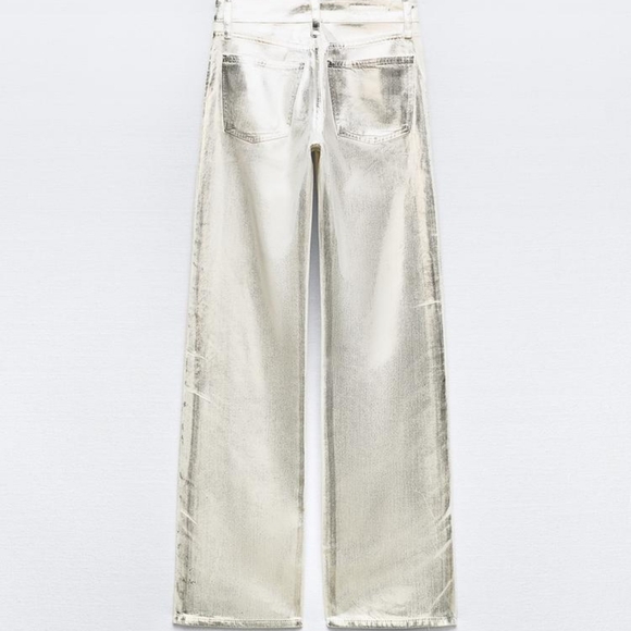 Zara Metallic Silver Foil Jean Ultra High Waist Straight Wide A Blogger Fav! - Picture 13 of 16
